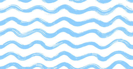 Seamless Wave Pattern, Hand drawn brush stroke water sea vector background. Nautical waves simple background with blue winding line sea. Template wavy beach print, curly grunge paint lines, watercolor