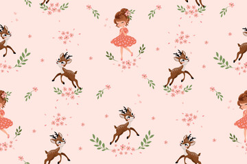 Cute baby deer and lovely girl with flowers, vector illustration, seamless pattern design, artwork for kids prints, wallpapers, fabrics, baby shower cards, t shirt graphics.