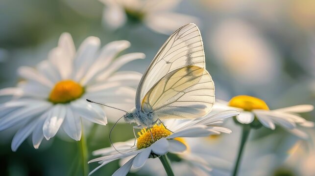 Intricate Butterfly Feeding on White Daisy Petals