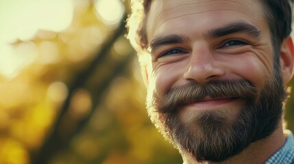 Close-up of a smiling man with a full beard and mustache, standing outdoors with sunlight softly illuminating his face, evoking a warm and cheerful atmosphere with autumn colors in the background