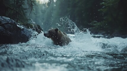 Fototapeta premium Bear Catching Salmon in Fast Flowing River