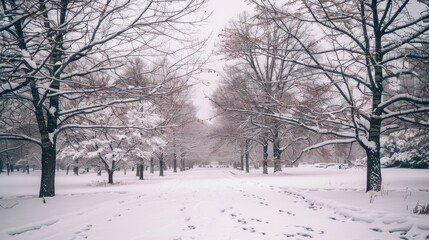 Fototapeta premium Tranquil Winter Scene in a Snowy Park