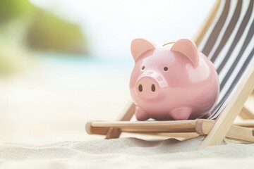 A cute pink piggy bank relaxing on a beach chair, symbolizing saving money for vacations or leisure time.