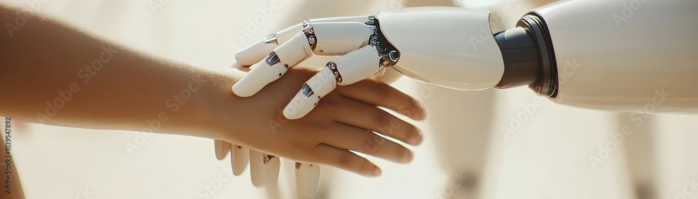 Poster equitable in and tech industry symbolized by diverse hands programming a robot