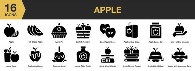 Apple solid icon set. Includes apple juice, cider bottle, sliced, basket, caramel, and More. Solid icons vector collection.