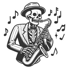 skeleton playing jazz on saxophone, musical notes floating around. Fun, quirky, and musical theme sketch engraving generative ai raster illustration. Scratch board imitation. Black and white image.