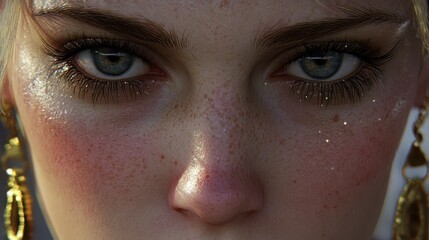 Fototapeta premium A tight shot of a woman's expressive face, adorned with freckles dotting both her cheeks and the corners of her eyes