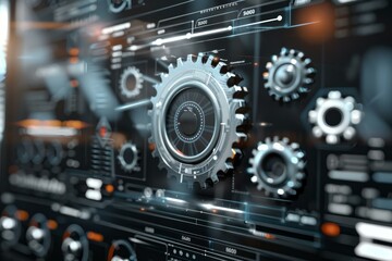 Futuristic interface displaying data analysis with digital gears turning, symbolizing complex processes and technological advancement