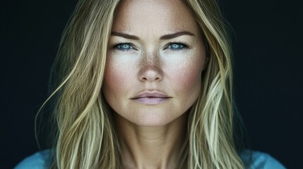 Naklejka premium A woman with long blonde hair and blue eyes gazes seriously into the camera