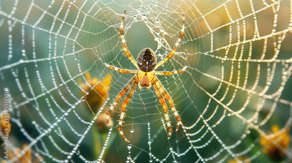 Poster close-up view of spider weaving its intricate web