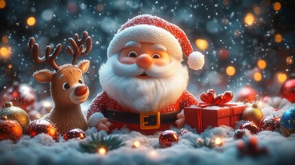 Obraz premium Christmas background of Cute Santa Claus and reindeer where snow is falling with snowflake. with copy space