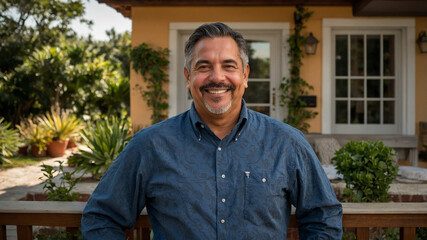 Latin bed & breakfast owner smiling at the camera in front of the bed & breakfast