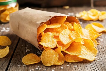 Spilled bag of crispy, salty chips on a table, perfect for an unhealthy snack at a lively party.