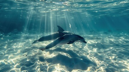 Naklejka premium Dolphin Mother Swimming with Her Calf Underwater