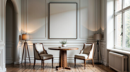 Living room interior with two armchairs and a round table with a poster. 3d rendering mock up
