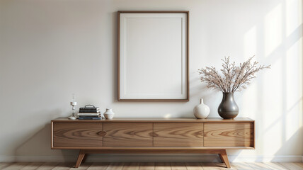 Interior of modern living room with white walls, tiled floor, wooden cabinet with built in sink and vertical mock up poster frame. 3d rendering