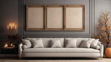 Fototapeta premium Modern minimalist wall art mockup of luxury sofa living room for Halloween, blank frame for wall art mockup of sofa living room, Halloween and Christmas spooky scary vibes of the room interior design