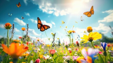 Vibrant Field of Wildflowers in Full Bloom Under Blue Sky