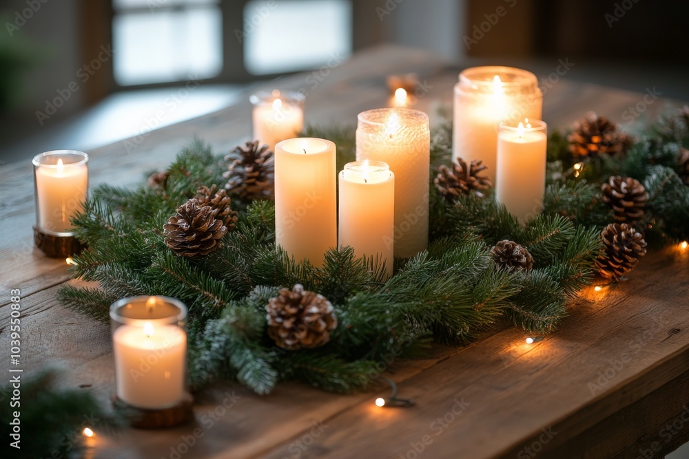 Poster an enchanting display of flickering candles amidst a lush wreath of evergreen branches studded with 