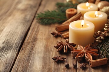 Rustic wooden surface adorned with cinnamon sticks, glowing candles, and star anise, creating a warm and inviting ambiance reminiscent of festive and homemade charm.