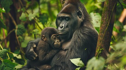 Naklejka premium Mother Gorilla Cradling Newborn in Lush Greenery