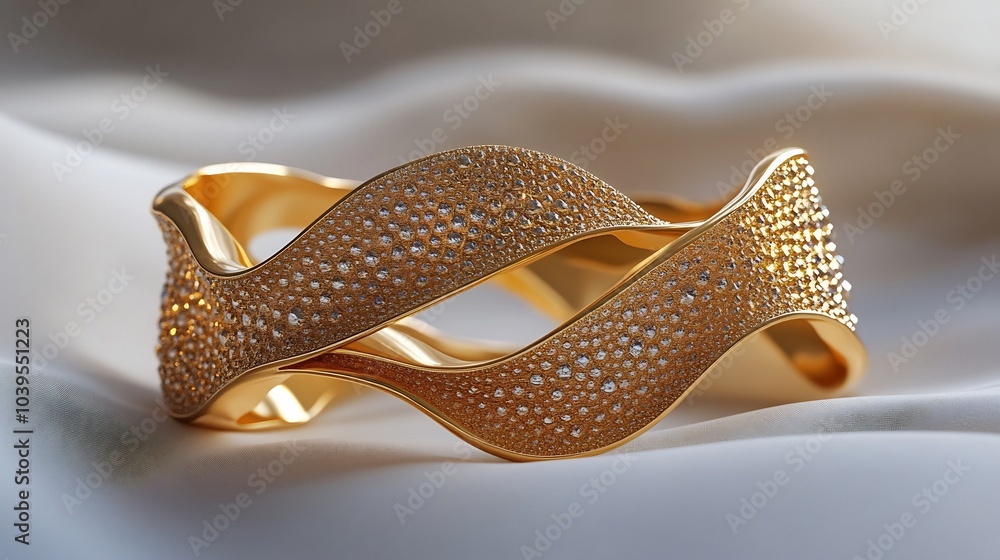 Poster elegant 3d gold cuff bracelet embedded stones resting on a soft minimalistic backdrop combining intr