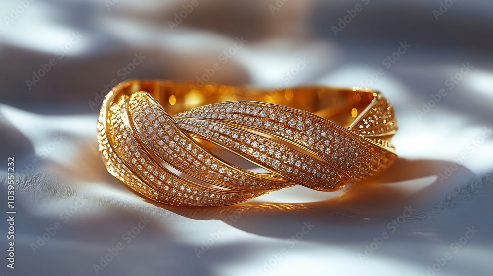 Poster elegant 3d gold cuff bracelet embedded stones resting on a soft minimalistic backdrop combining intr