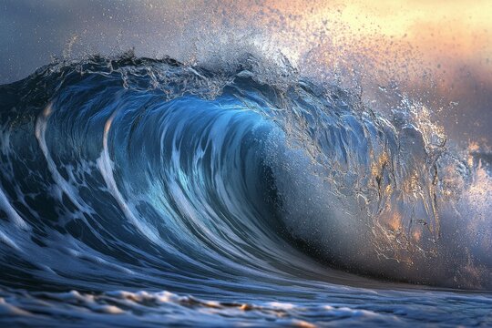 A stunning ocean wave crashes dramatically, with vivid, warm colors illuminated by the setting sun, embodying the essence of nature's vibrant artistry.