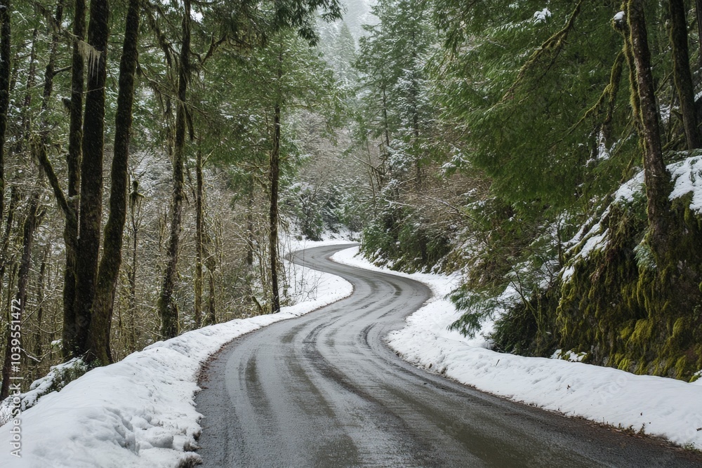 Poster a narrow road winds through a predominantly green forest lightly dusted with snow, offering a unique