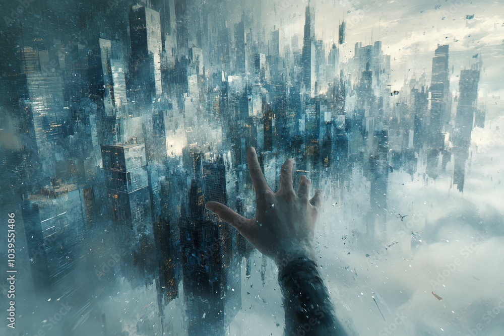Poster futuristic cityscape illustration with floating buildings merging advanced technology and urban deve