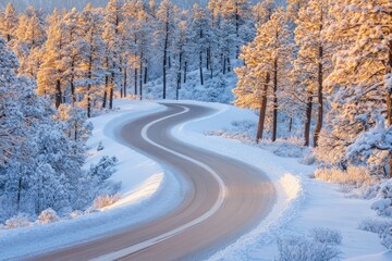 Obraz premium A serpentine road glistens under golden sunlight, cutting through a snowy forestscape, creating a picturesque setting that exudes warmth amidst the cold.