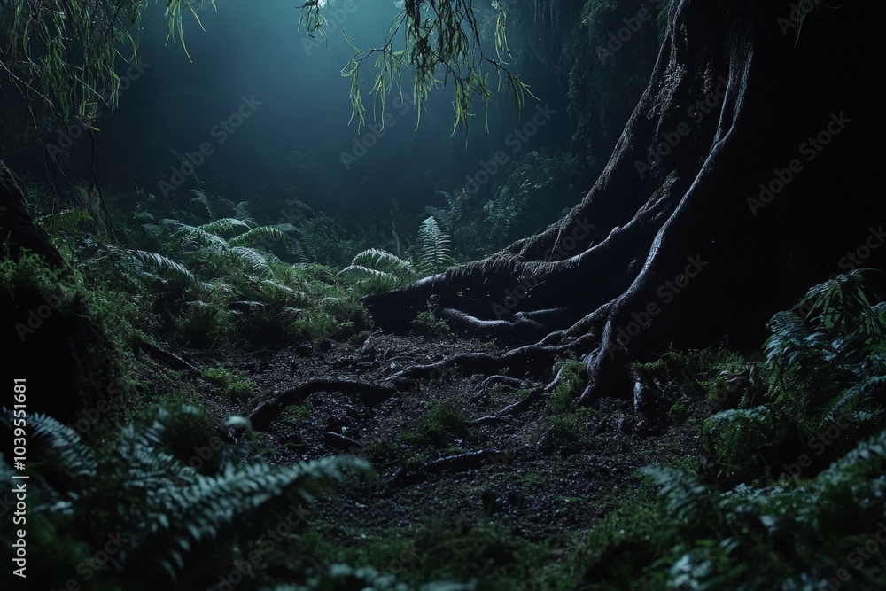 Poster The image depicts a mysterious and enchanting forest scene, bathed in an ethereal blue light, with ancient tree roots and lush ferns creating a magical atmosphere.