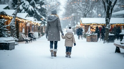 Winter street scene with mother and child walking hand in hand
