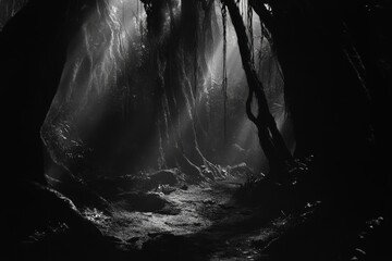 A mysterious forest path enveloped in mist, with light streaming through, creating an eerie yet captivating atmosphere full of intrigue and shadowy beauty.