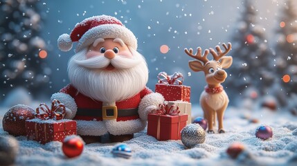 Christmas background of Cute Santa Claus and reindeer where snow is falling with snowflake. with copy space
