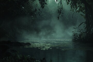 Fototapeta premium A serene jungle river emerges through thick mist, surrounded by dense, lush green foliage, creating a peaceful and captivating wilderness scene.