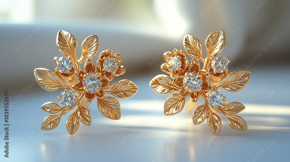 Poster Elegant 3D gold earrings embedded delicate stones displayed on a minimalistic gradient background with subtle shadows highlighting the brilliance of the gems and the sleekness of the design