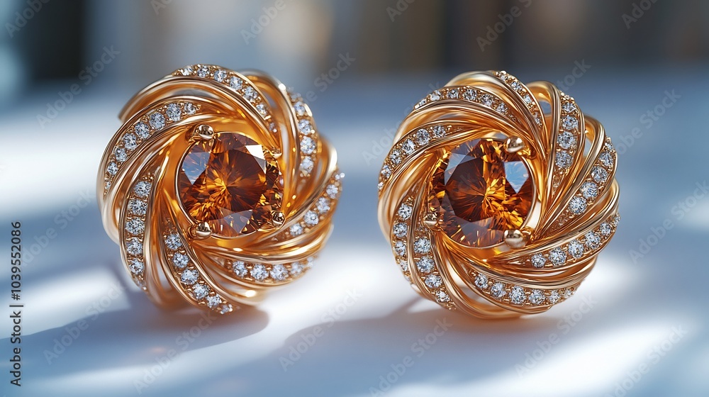 Poster elegant 3d gold earrings embedded delicate stones displayed on a minimalistic gradient background wi