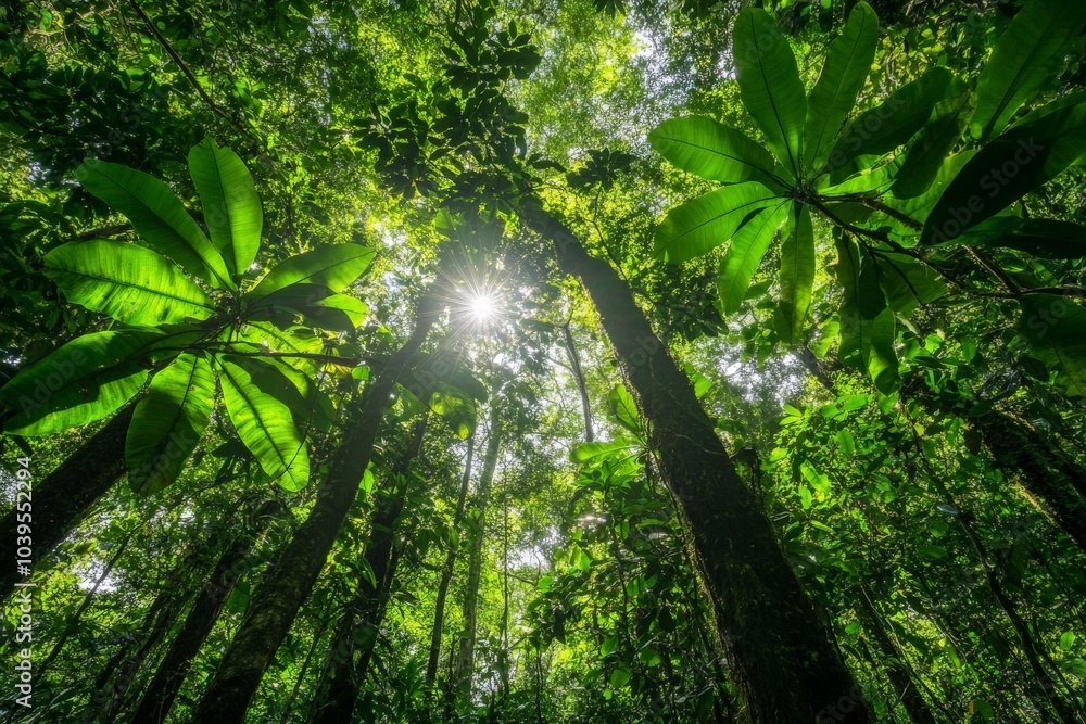 Poster Sunlight filters through the thick canopy of a rainforest, highlighting the vibrant green foliage and creating a dynamic interplay of light and shadow in the verdant landscape.