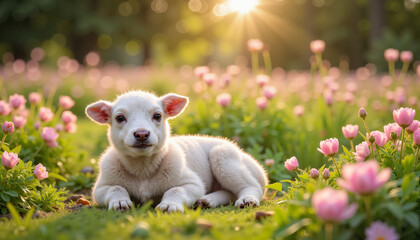 Lamb Resting in Flower Field at Sunrise