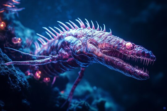 A spine-covered bioluminescent predator prowls through the ocean floor, its remarkable glow capturing the attention of all who dare to venture near.