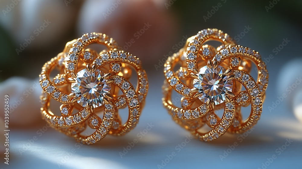 Poster elegant 3d gold earrings embedded delicate stones displayed on a minimalistic gradient background wi
