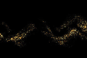 Obraz premium Texture of gold glitter, on a black background. Abstract golden color particles, confetti glitter explosion. Festive background.