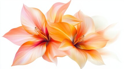 Fototapeta premium Close-up of two orange and white flowers against a white backdrop, with petal reflections mirrored in their surfaces