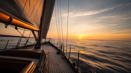 A serene sailing excursion on a calm ocean at sunset, Sailing equipment neatly prepared on deck, Nautical adventure style