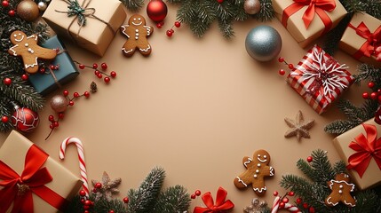 Christmas top view presents flat lay with gift boxes and Christmas trees all around. and with copy space    