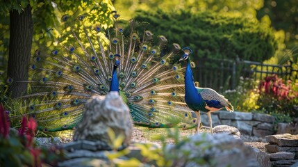 Obraz premium Male Peacock Performing Courtship Display Outdoors