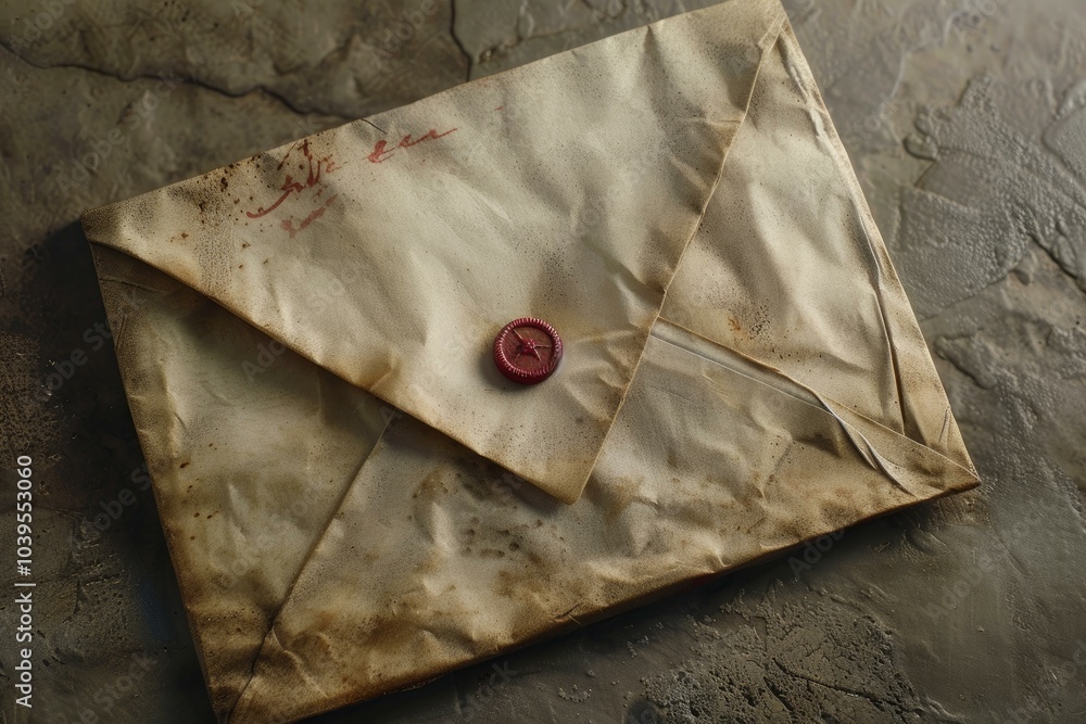 Poster old paper envelope with red wax seal is lying on a desk and waiting to be read