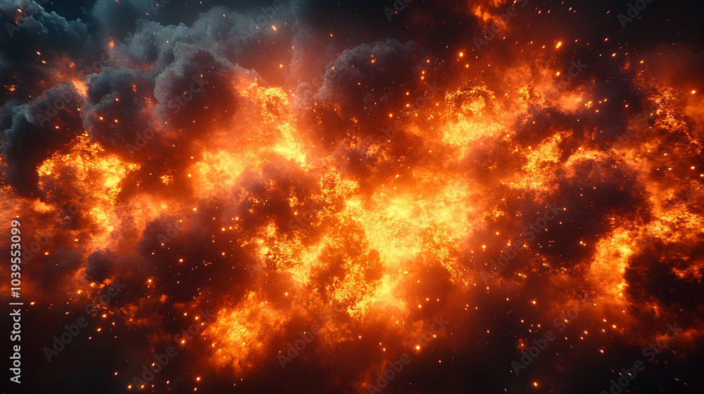 Poster dramatic explosion in fiery burst of chaos and destruction - intense and powerful pyroclastic erupti