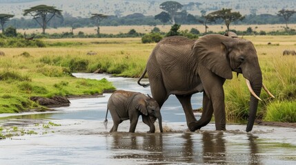 Mother Elephant Guiding Her Calf Across the River